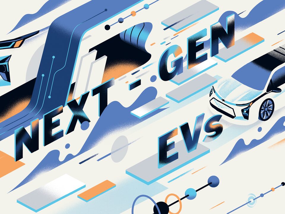 An illustration of an electric vehicle on a futuristic background and the words "Next-Gen EVs."