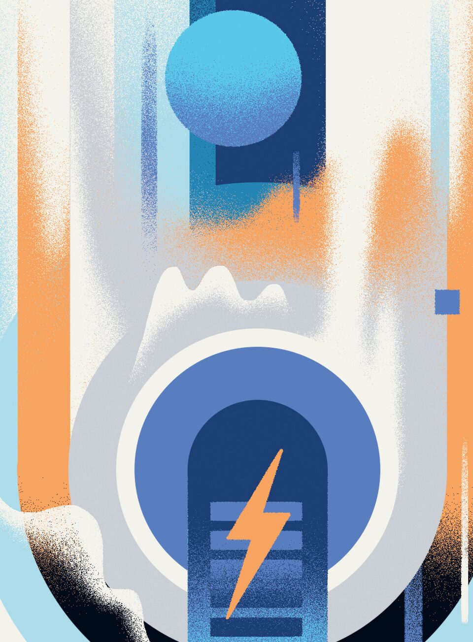 A colorful illustration showing a lightning bolt and other abstract shapes.
