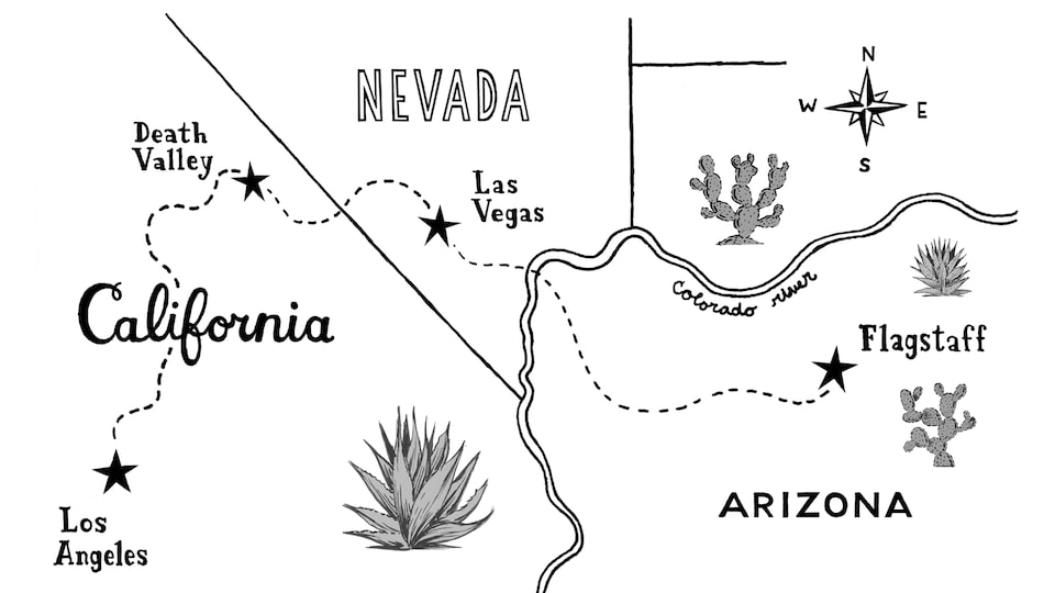 Mapa dibujado a mano que muestra la ruta de Los Ángeles a Las Vegas y a Flagstaff, con dibujos de cactus.