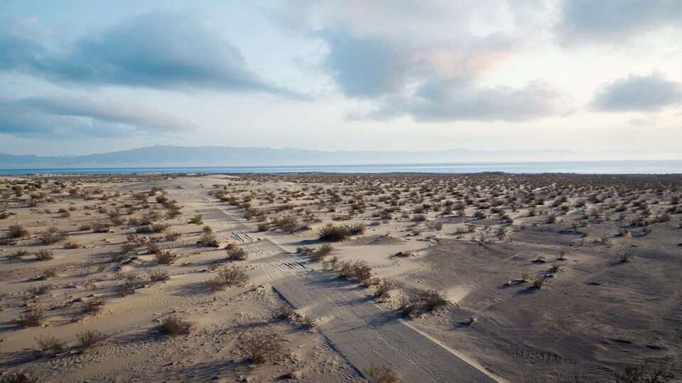 Sand claims a road to the abandoned Naval Air Auxiliary Station at California’s Salton Sea.