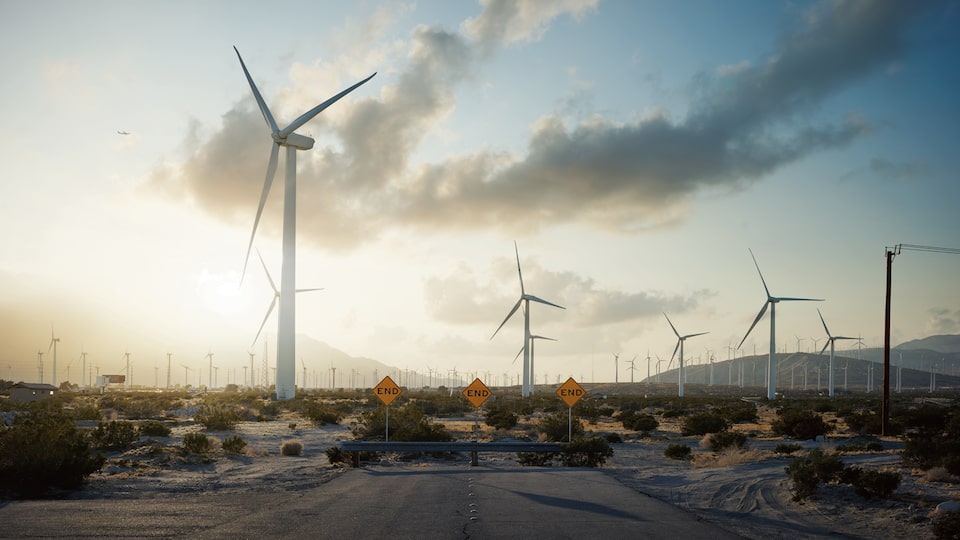 Power-generating windmills at the end of 19th Avenue in Palm Springs, California.