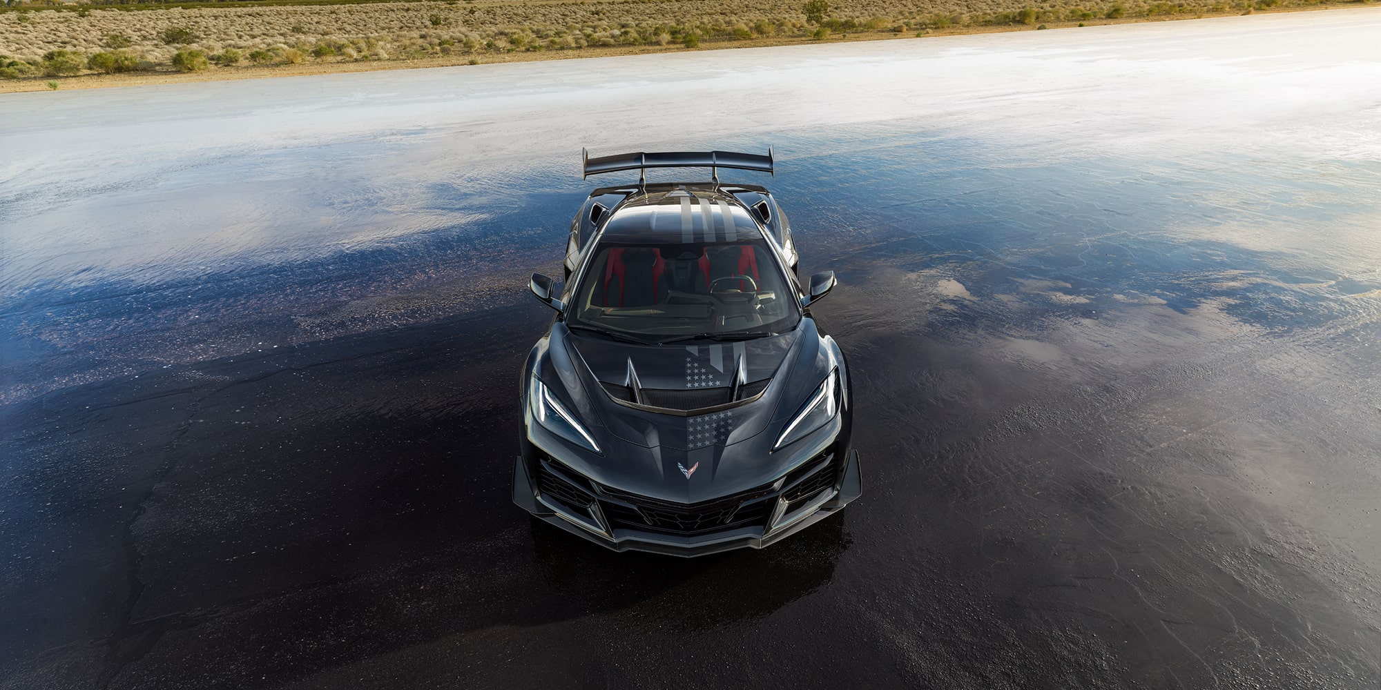 A Close-Up of the Hood of a Chevrolet Corvette Stingray with a Stars and Steel Pattern.
