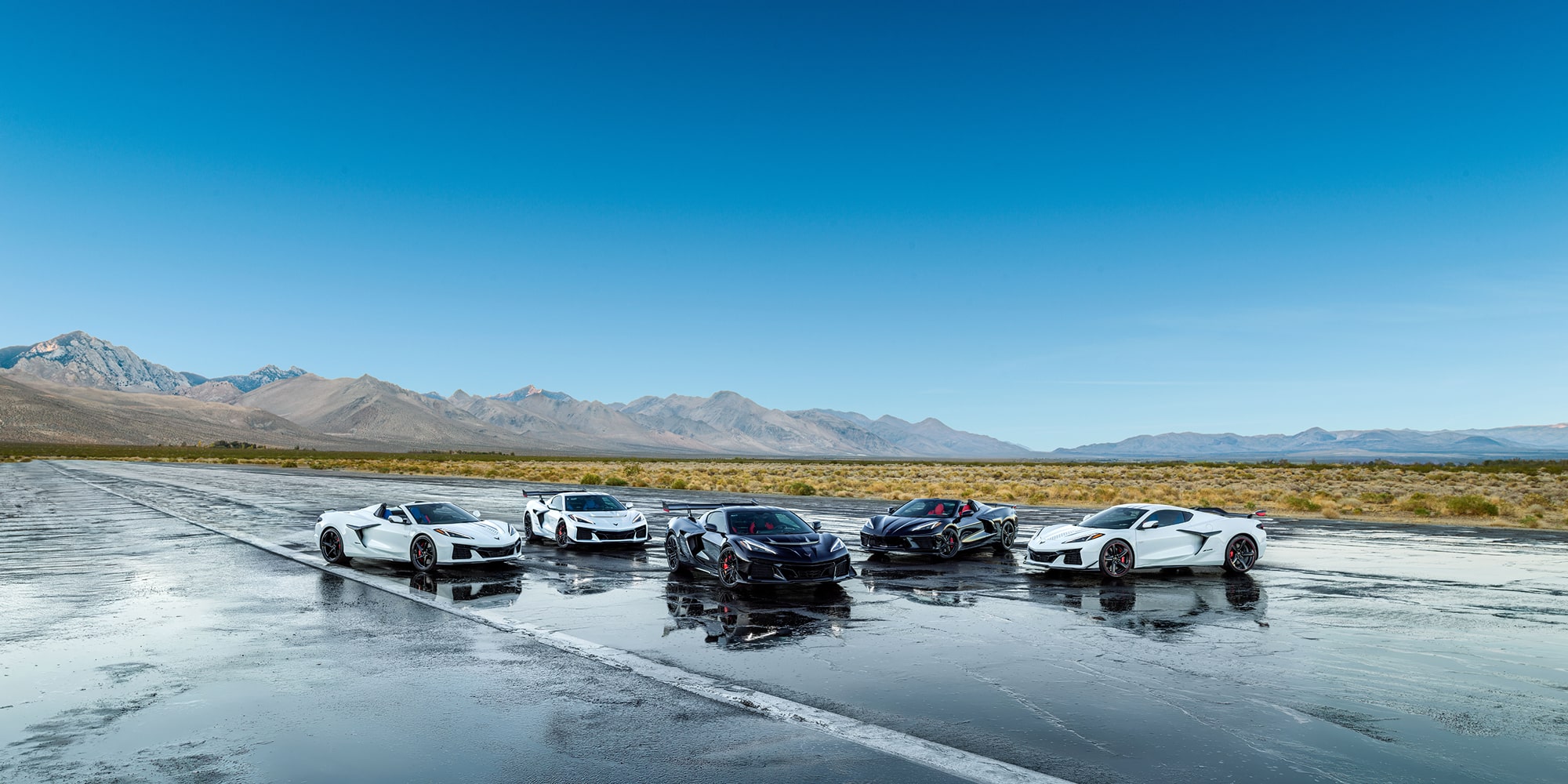 A Collection of Chevrolet Stars and Steel Edition Corvettes on a Wet Surface in a Desert.