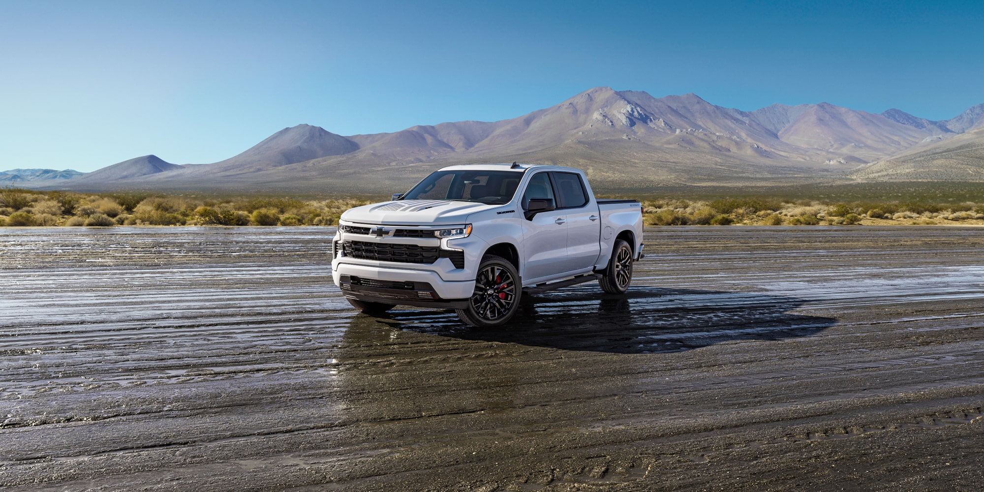 A White Chevrolet Silverado LD Stars and Steel Edition Truck Parked on a Wet Dirt Road.