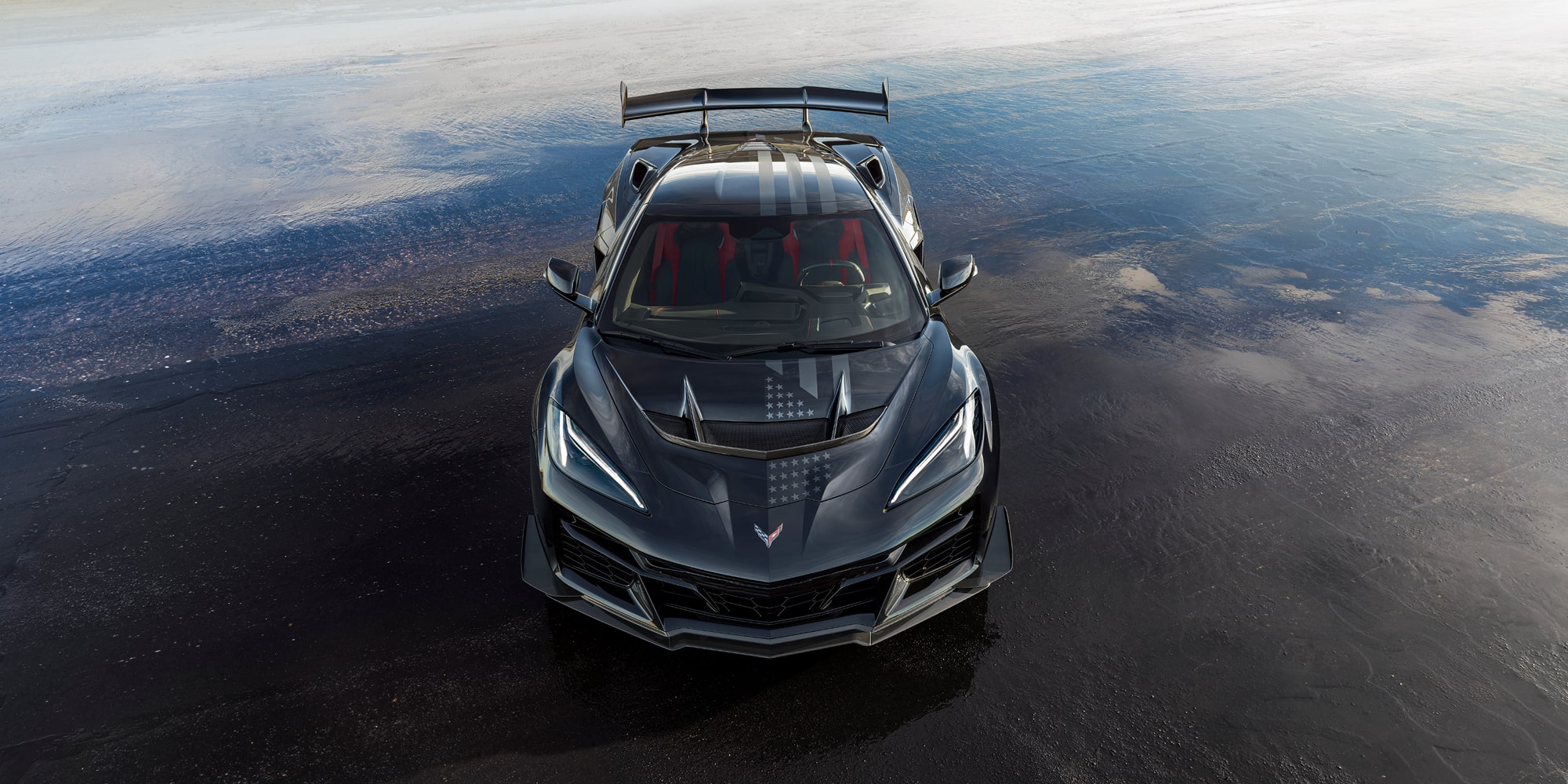 An Above, Front View of a Black Corvette.