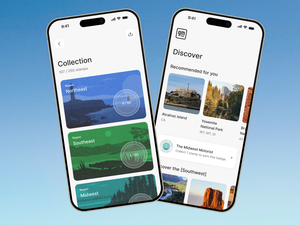 Dos smartphones muestran la aplicación MyChevrolet: una pantalla muestra un mapa de navegación y la otra muestra información del vehículo y un encabezado de paisaje urbano.