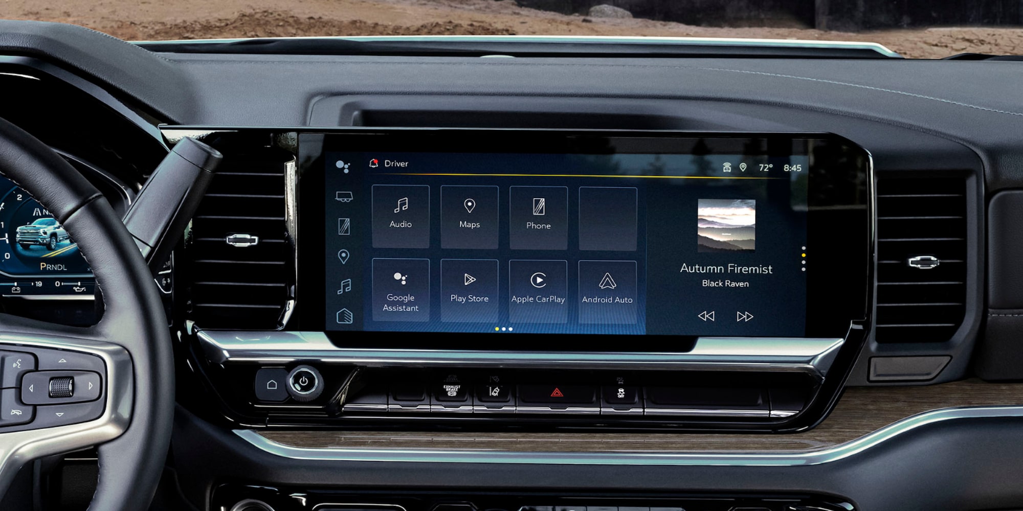 The Interior Dashboard of a Chevrolet Silverado 3500 Chassis Cab Showing the Infotainment Touchscreen With App Icons and a Music Player.