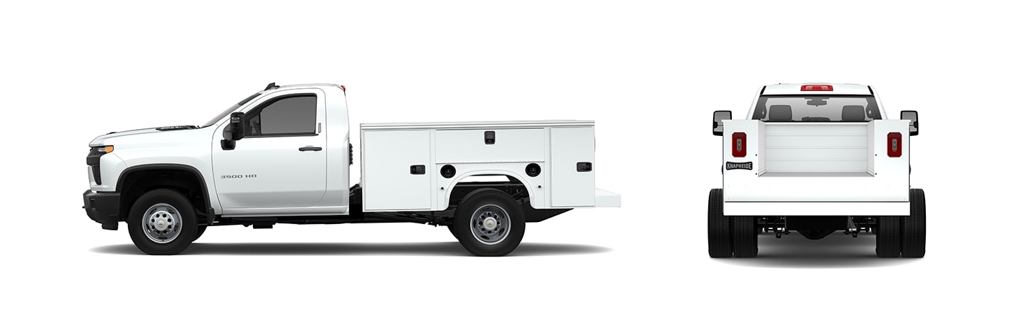 A White Chevrolet Silverado 3500 Chassis Cab Truck, Featuring a White Utility Body With Multiple Storage Compartments, Shown From the Side and Rear.