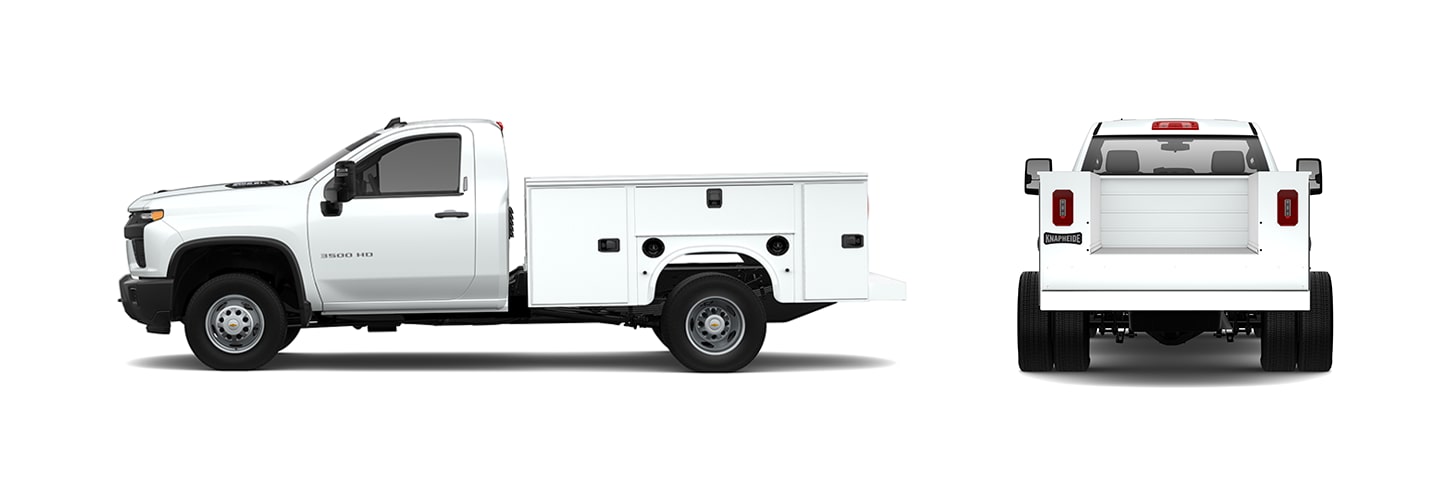 A White Chevrolet Silverado 3500 Chassis Cab Truck, Featuring a White Utility Body With Multiple Storage Compartments, Shown From the Side and Rear.