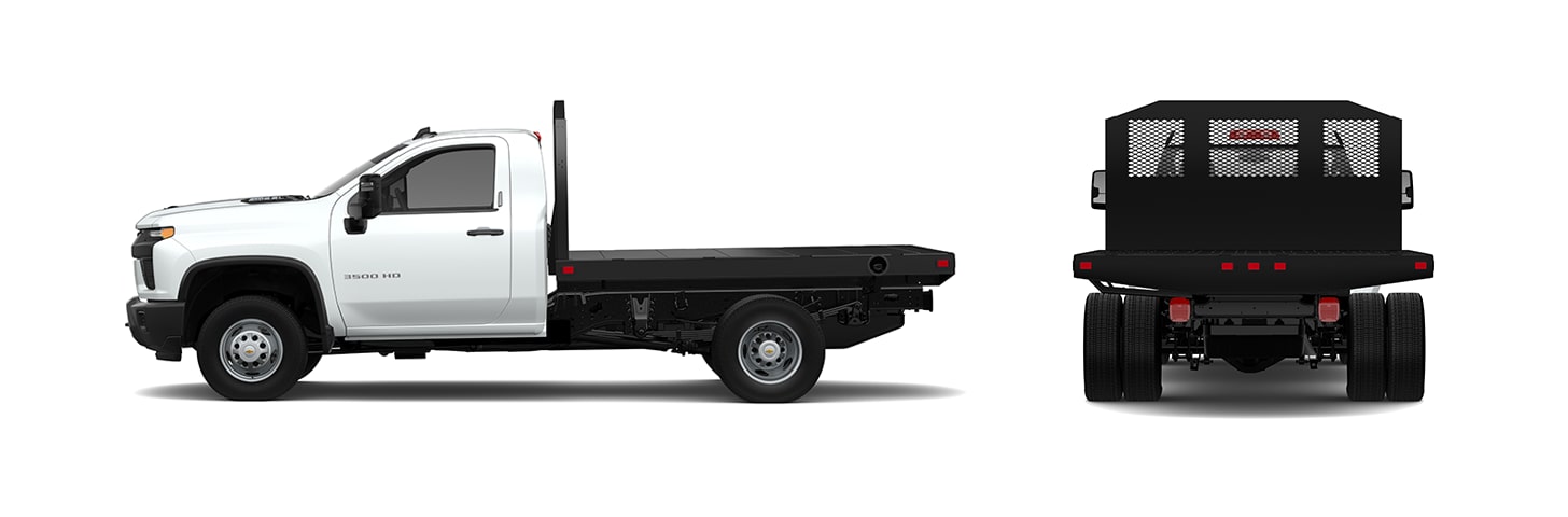 A White Chevrolet Silverado 3500 Chassis Cab Truck, Equipped With a Black Dump Bed, Displayed From the Side and Rear Views.
