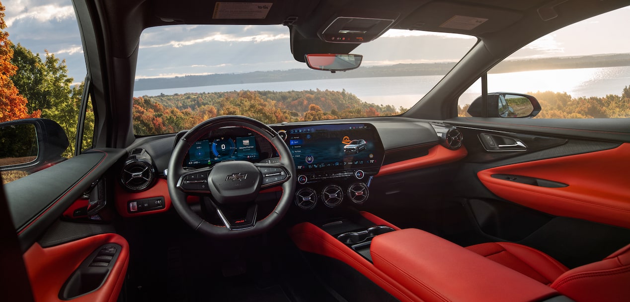 Wide View of the 2026 Chevy Blazer EV Interior Dashboard with a Scenic View Outside the Windshield