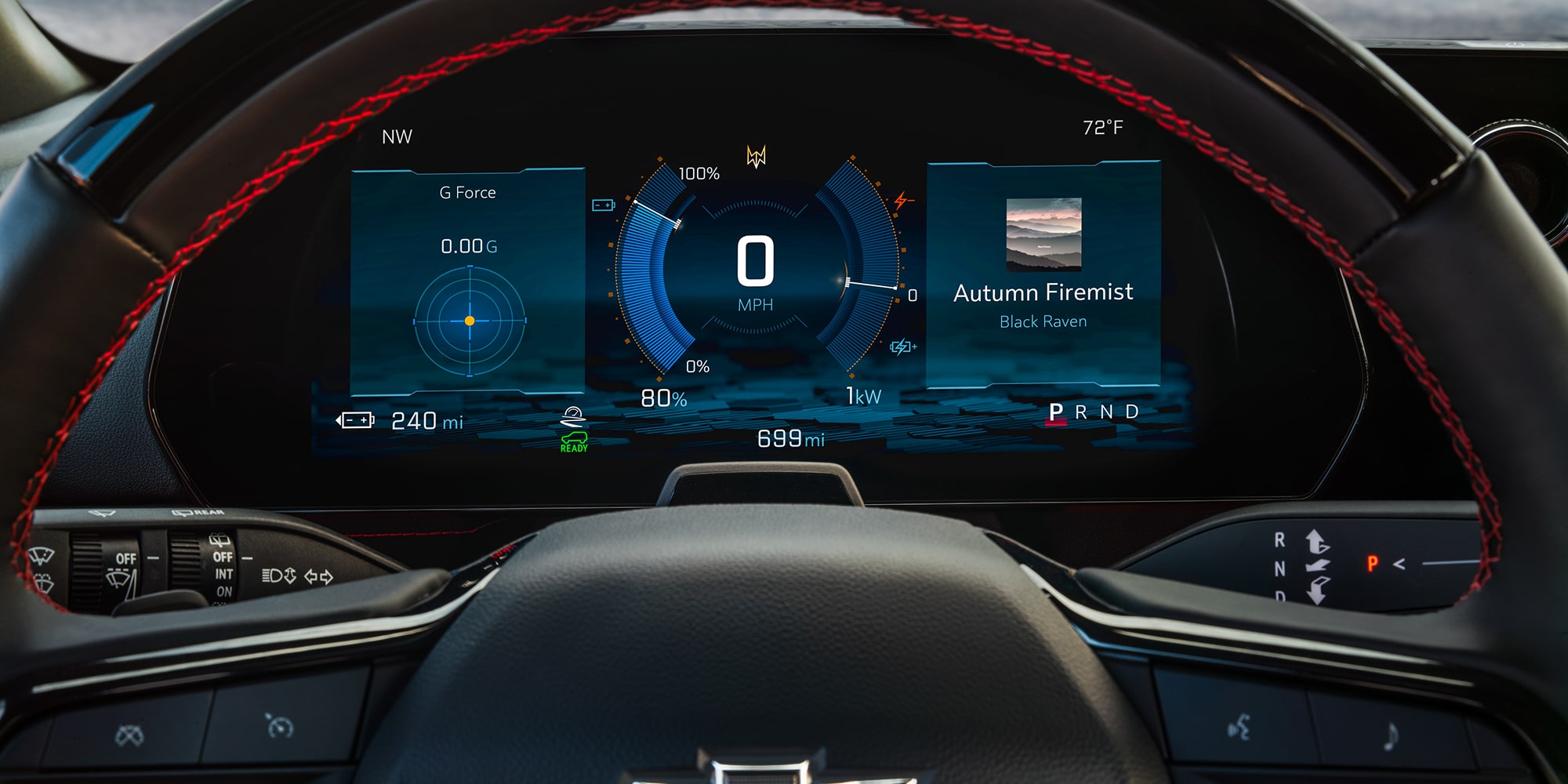 The Digital Driver Information Center of a 2027 Chevy Blazer EV SS Displaying Vehicle Data, Battery Information, Navigation Features, and Driving Metrics Behind the Steering Wheel.