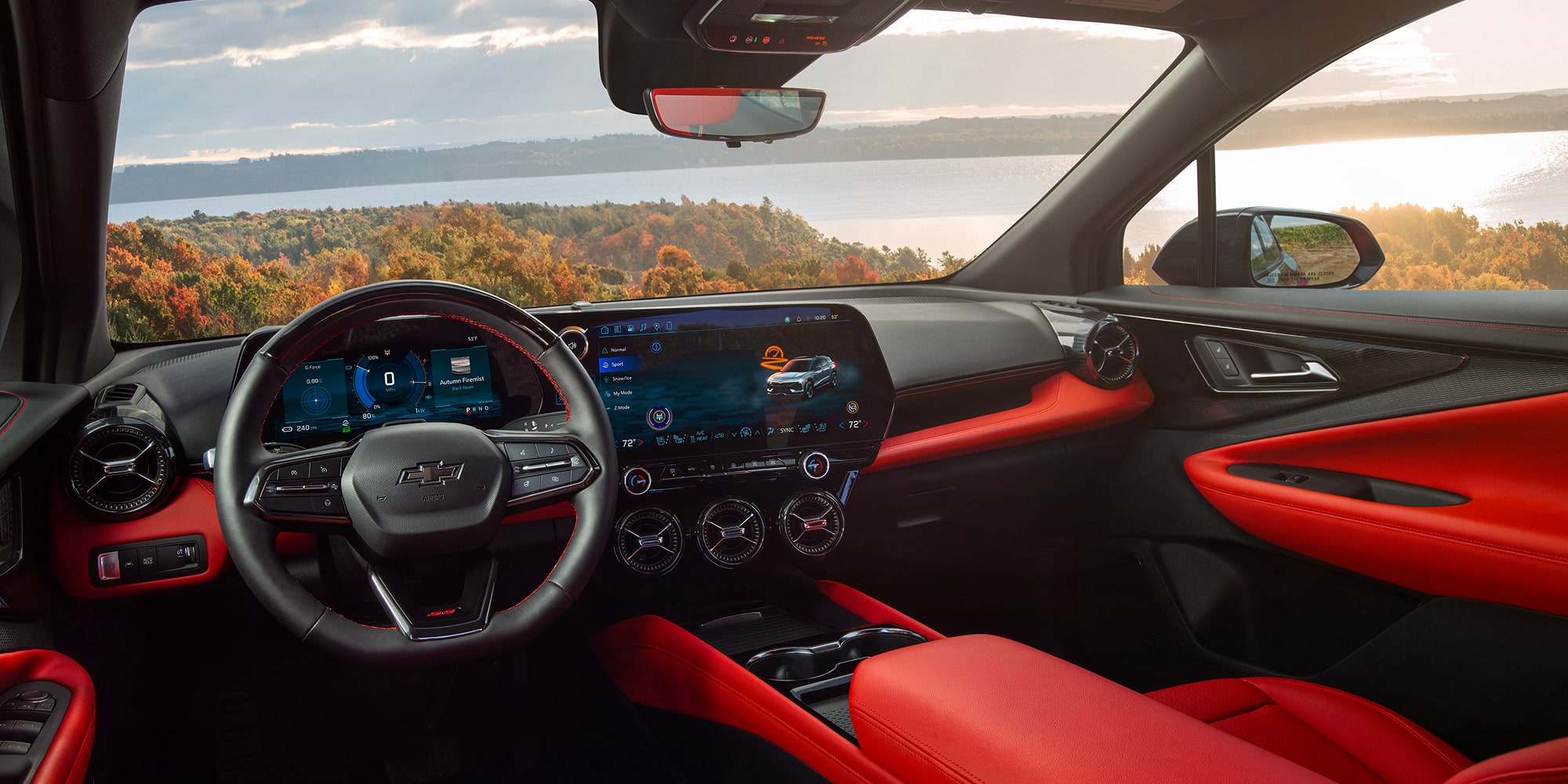 The Premium Interior of a 2027 Chevy Blazer EV SS Showcasing Red Upholstery, a Panoramic Cabin View, Digital Displays, and a Modern Dashboard Design With Ambient Lighting Accents.