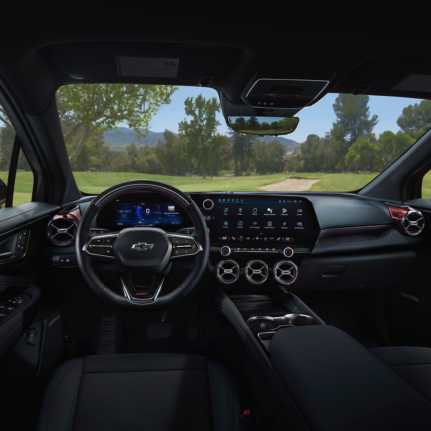 Wide View of the 2027 Chevy Blazer EV Interior Dashboard with a Scenic View Outside the Windshield
