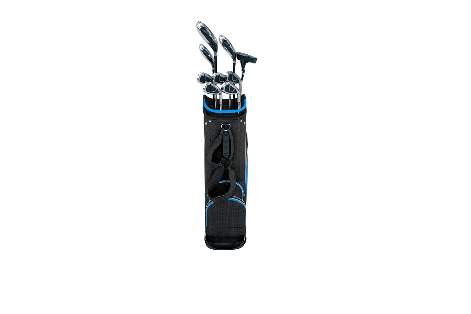 A Black and Blue Golf Bag With Golf Clubs Standing Upright
