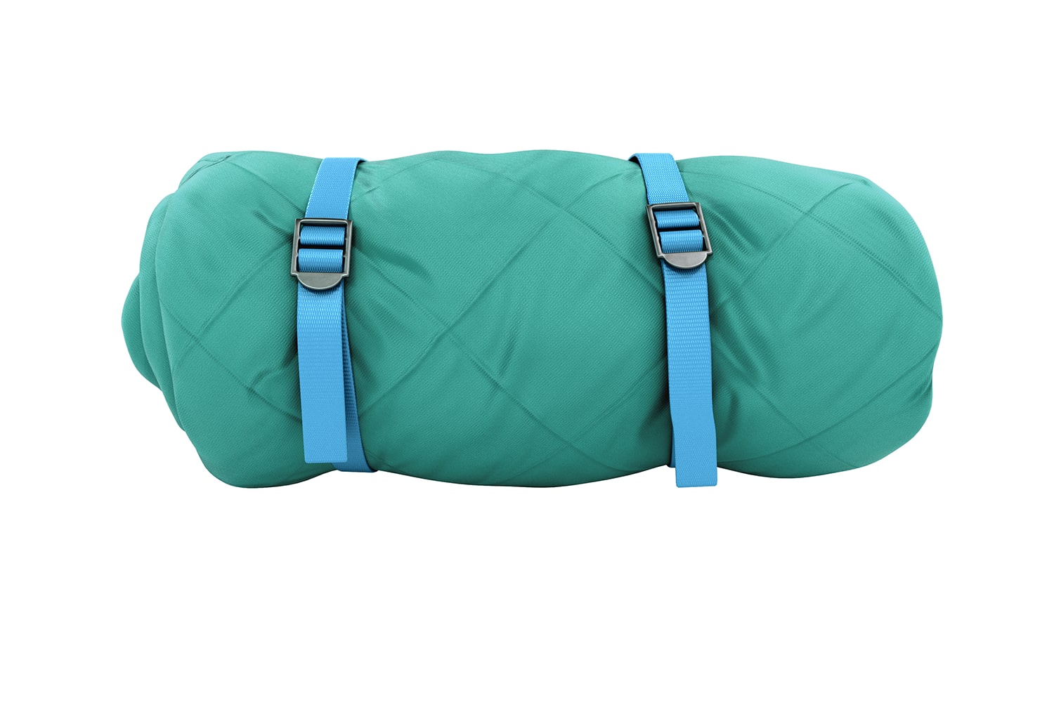 A Rolled-Up Green Sleeping Bag Secured With Two Blue Straps