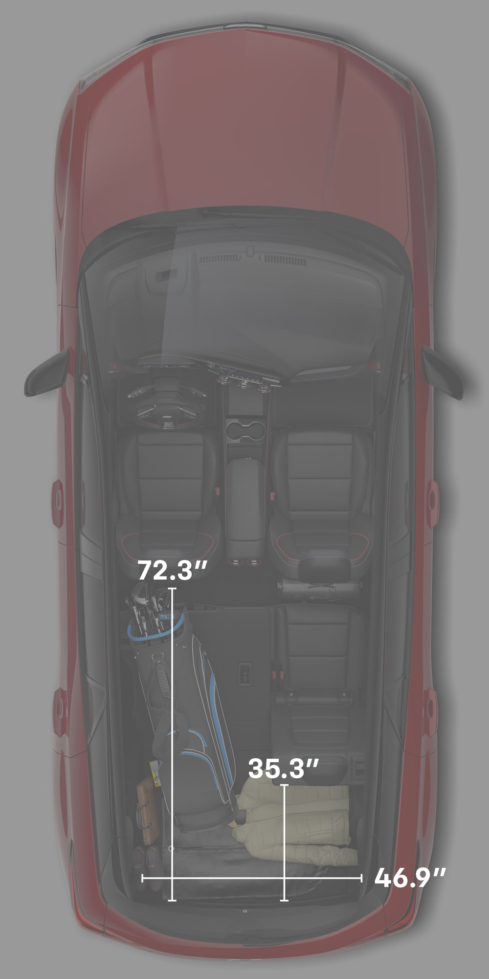 Top-Down View of a Red Chevrolet Blazer EV's Interior Faded, Showing a Golf Bag, Briefcase, a Jacket, and Dimensions