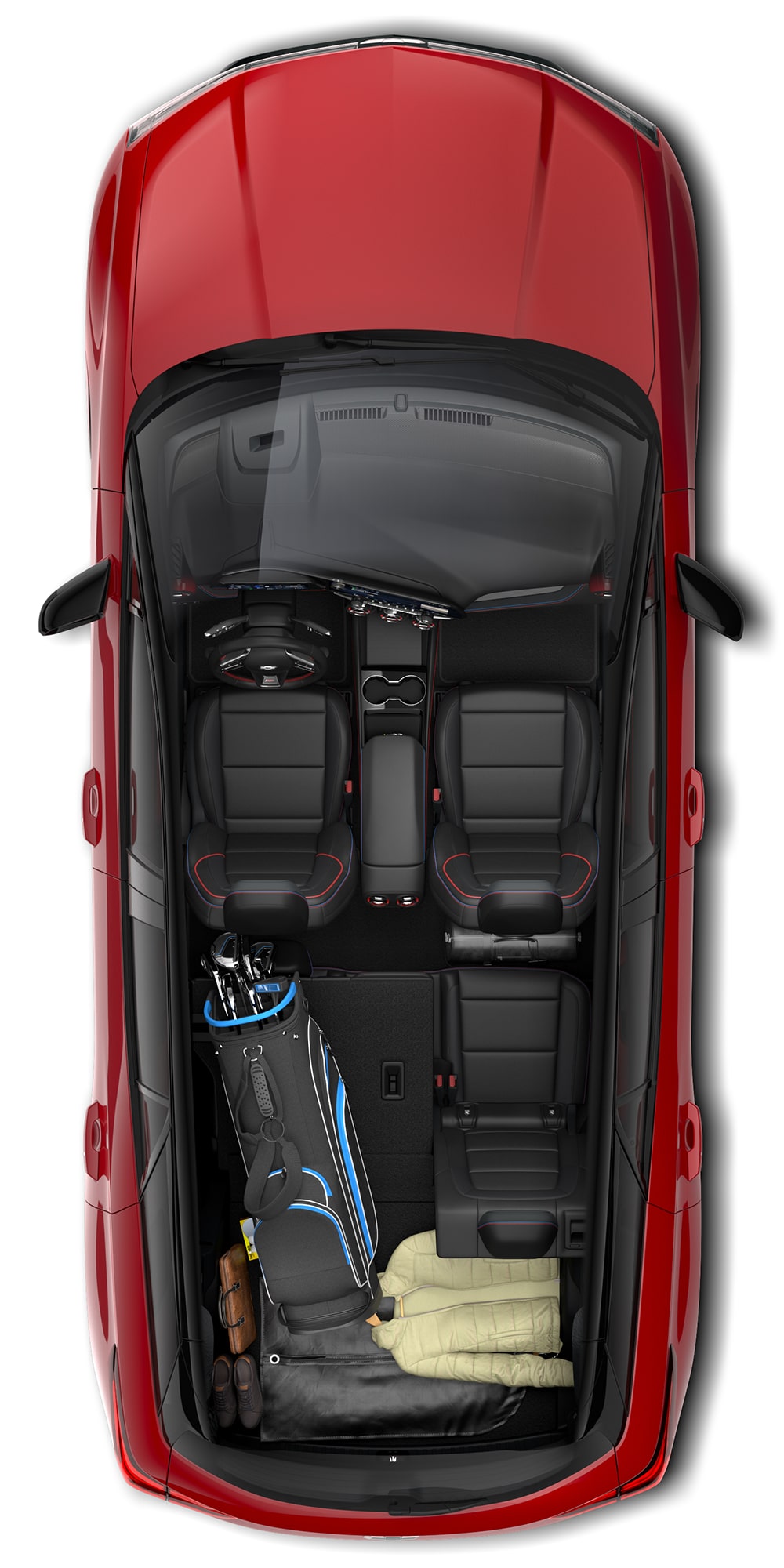 Top-Down View of a Red Chevrolet Blazer EV's Interior, Showing a Golf Bag, a Briefcase, and a Jacket