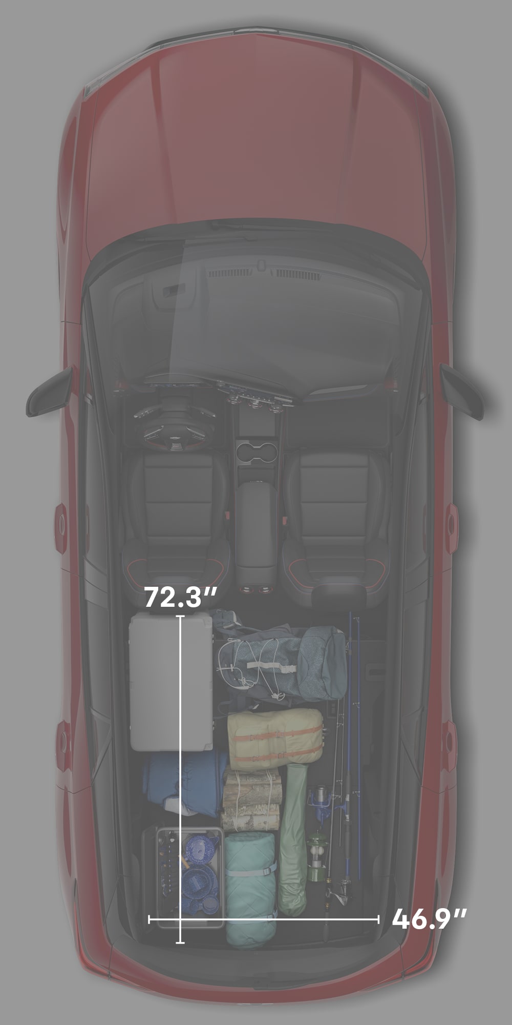 Top-Down View of a Red Chevrolet Blazer EV's Interior Faded, Packed With Camping Gear and Fishing Rods, With Dimensions