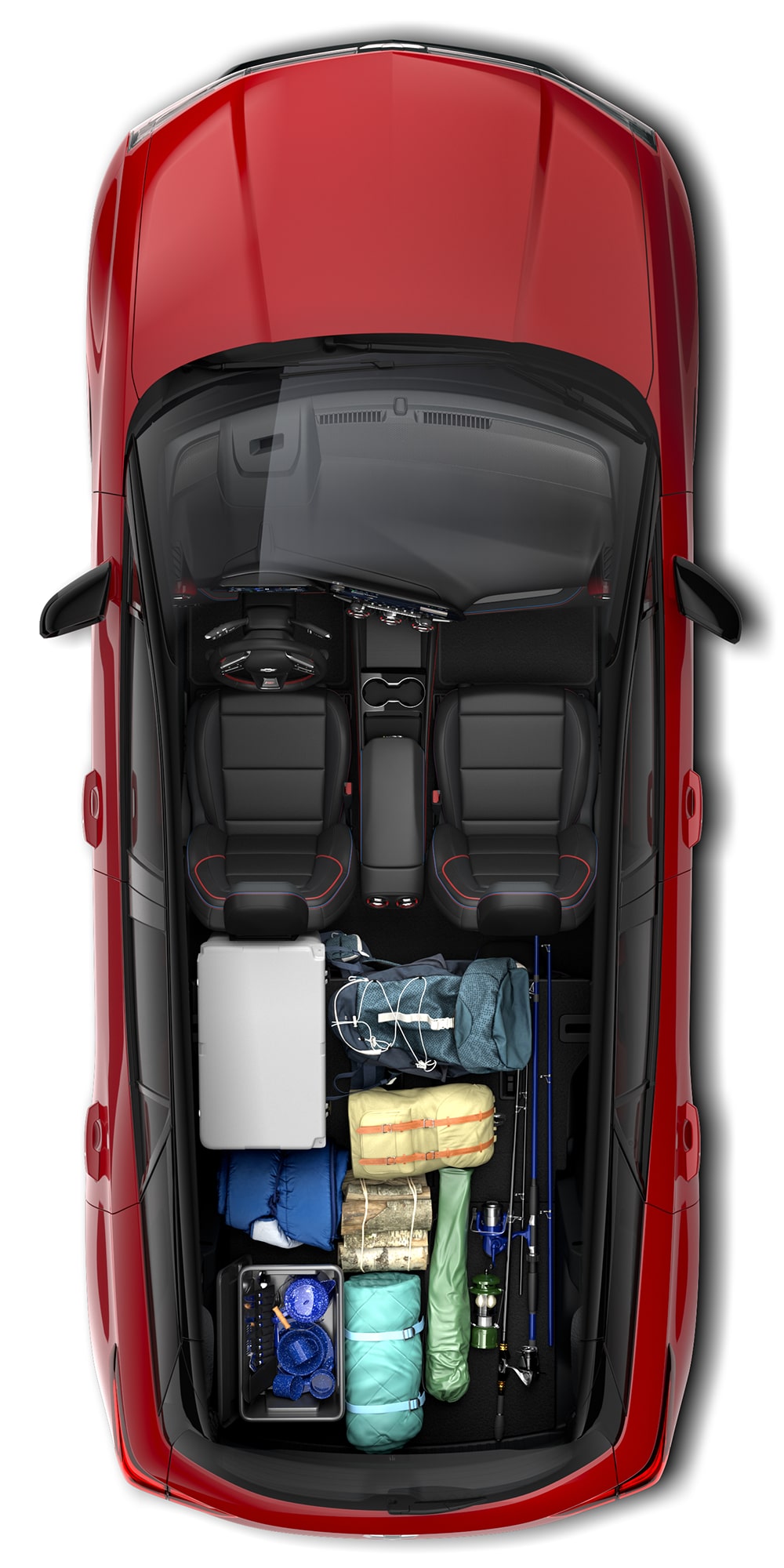 Top-Down View of a Red Chevrolet Blazer EV's Interior, Packed With Camping Gear, a Cooler, and Fishing Rods
