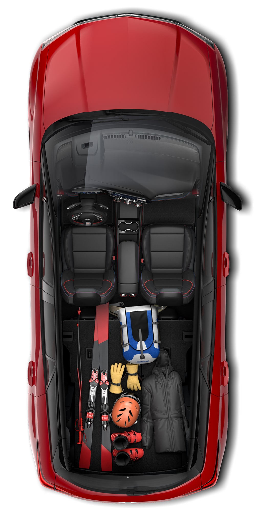 Top-Down View of a Red Chevrolet Blazer EV's Interior, Showing Skis, Boots, a Helmet, and Ski Gear