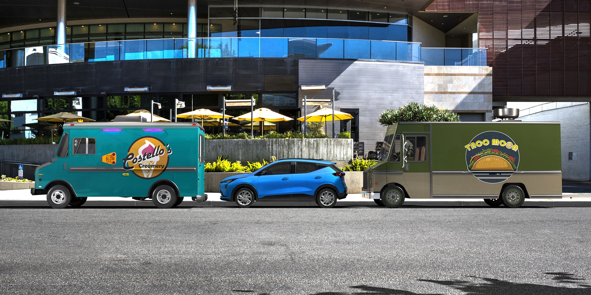 2027 Chevrolet Bolt in Marina Blue Metallic Paralle Parked Between Two Food Trucks.