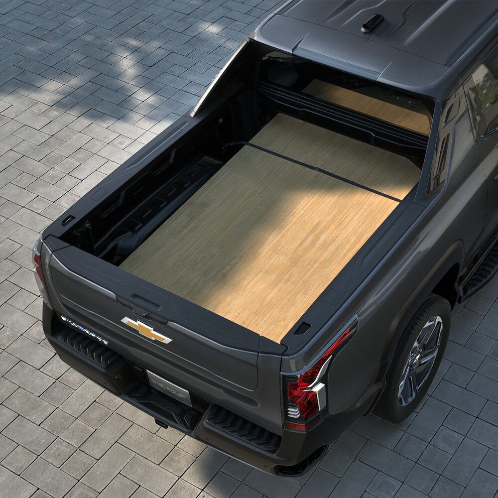 Wood Plank Stored in the Bed of a 2027 Chevy Silverado EV