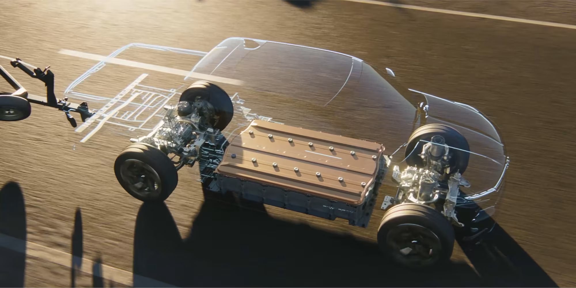 Overhead Shot of a Transparent 2026 Chevy Silverado EV with a Focus on the Rear Tires
