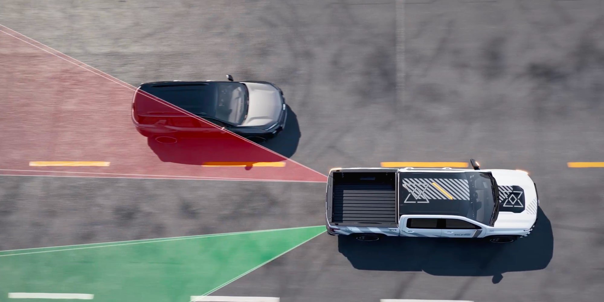 An Overhead View of a White Chevy Silverado EV Using Driver Assistance Technology to Detect a Nearby Vehicle and Surrounding Roadway Conditions.