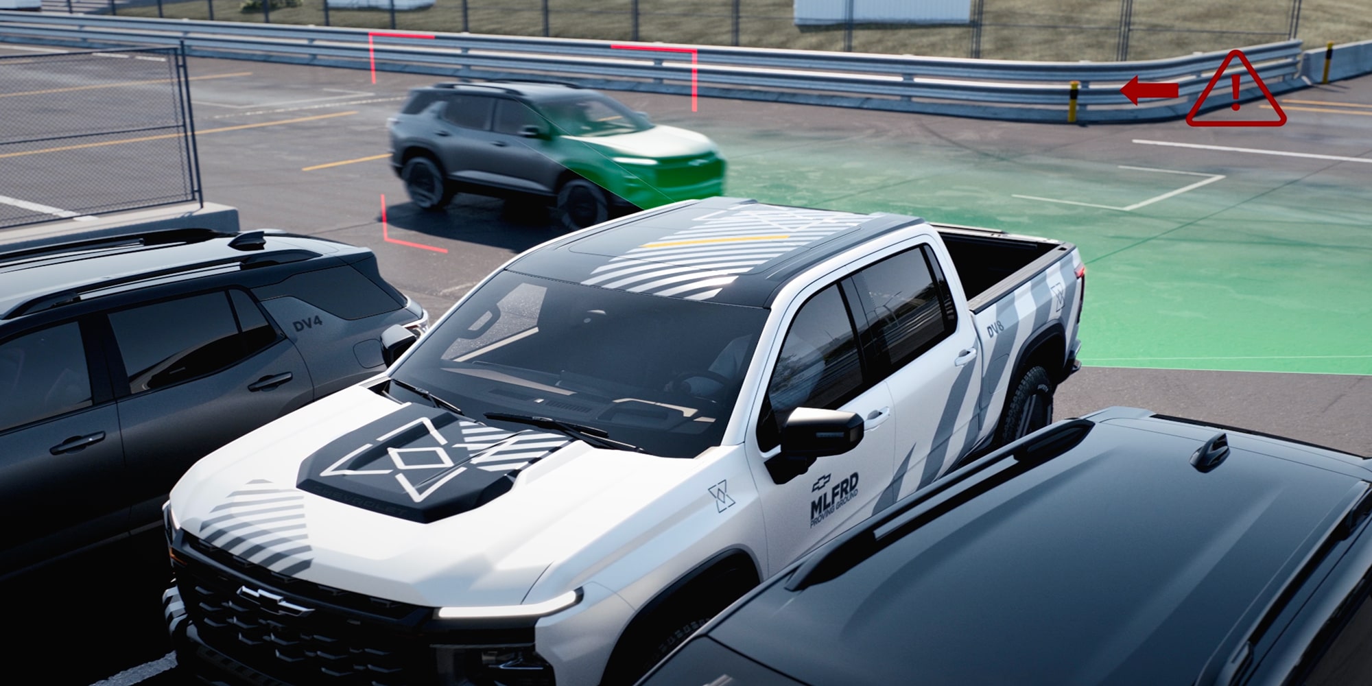 A White Chevy Silverado EV Displayed With Advanced Driver Assistance Technology Detecting Nearby Vehicles and Obstacles in a Parking Lot.