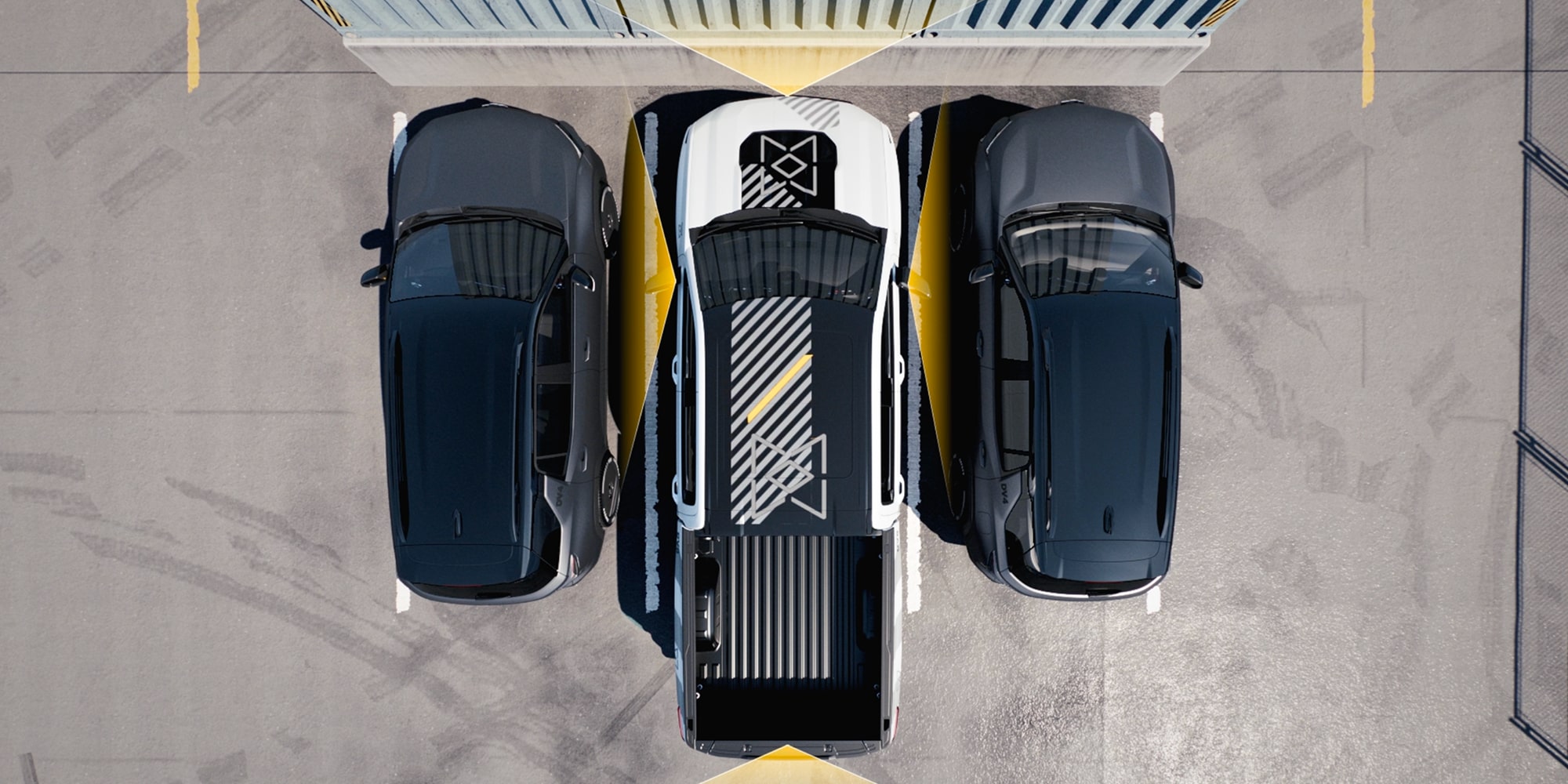An Overhead View of a White Chevy Silverado EV Positioned Between Two Parked Vehicles With Driver Assistance Parking Guidance Displayed.