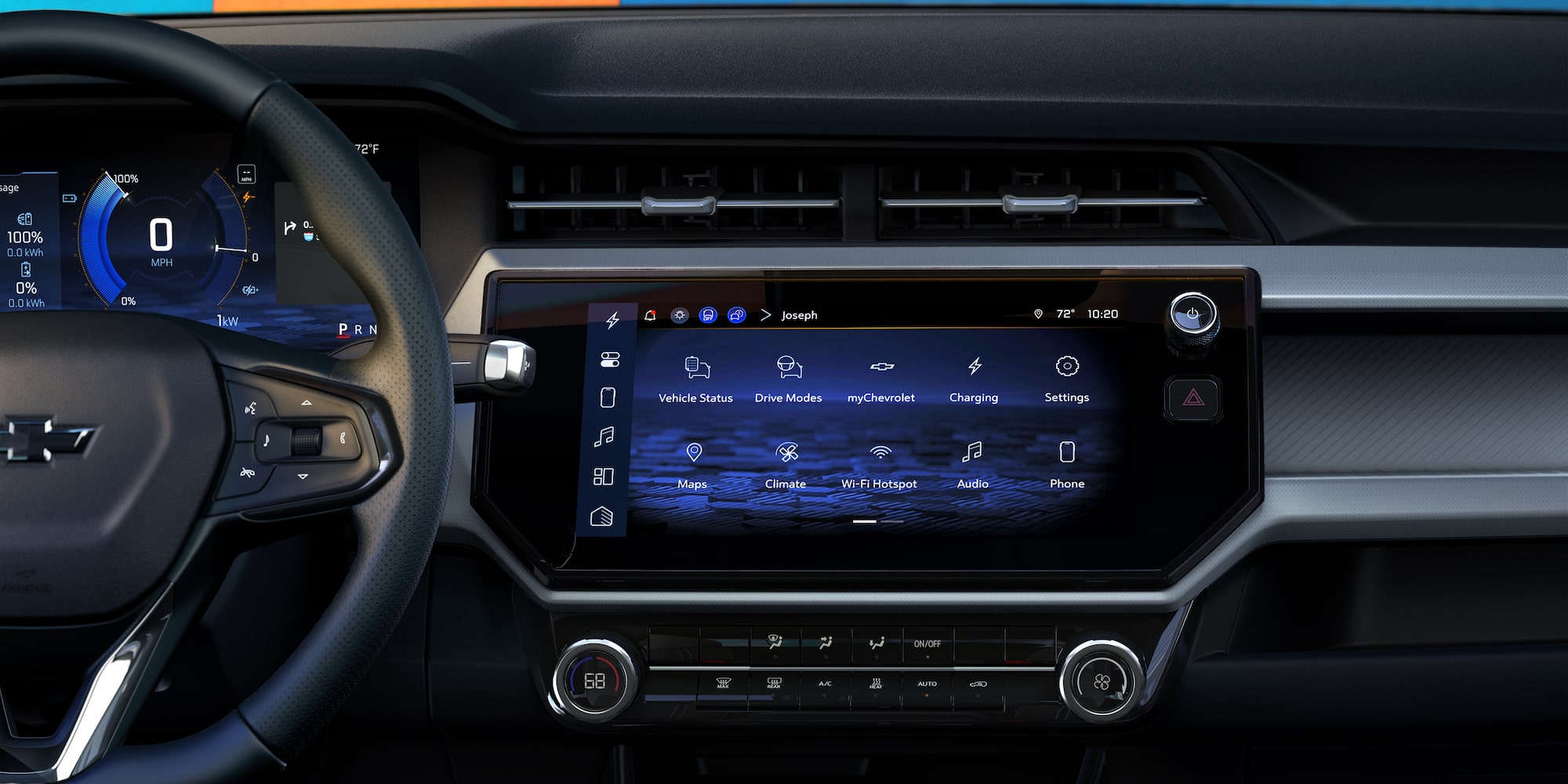 The Interior of a 2027 Chevrolet Bolt Showing the Driver's Perspective of the Digital Dashboard and the Infotainment Screen Displaying App Icons
