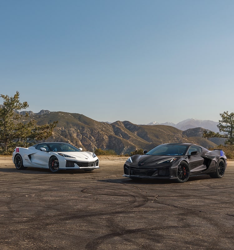 A Black Chevrolet Corvette Grand Sport and a White Chevrolet Corvette Grand Sport Parked on a Sunlit Mountain Overlook with Rugged Hills and Sparse Trees in the Distance.