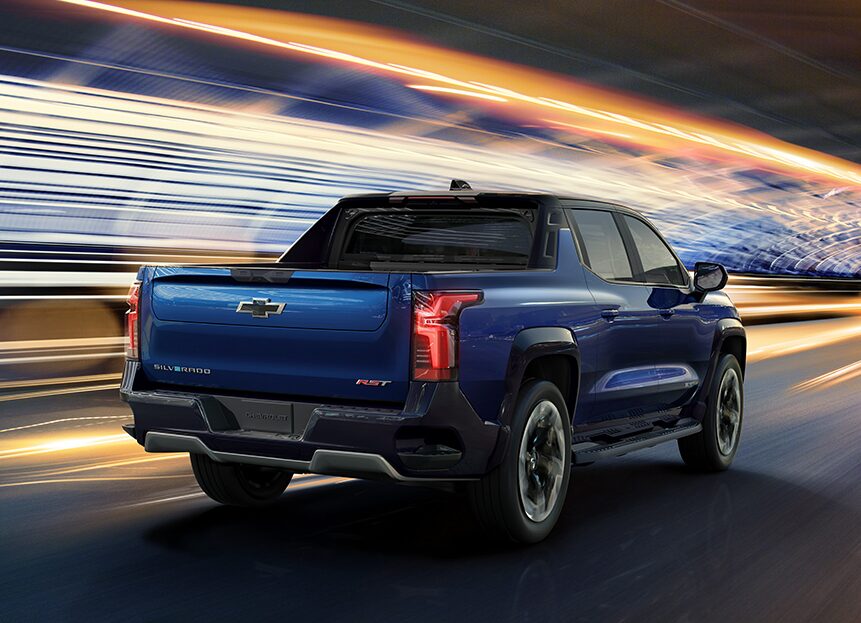 Blue Silverado EV drive through tunnel