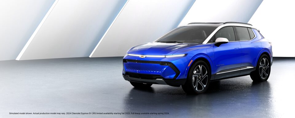 Animated blue Equinox EV with white roof model image indoor shot with diclaimer overlay on the image