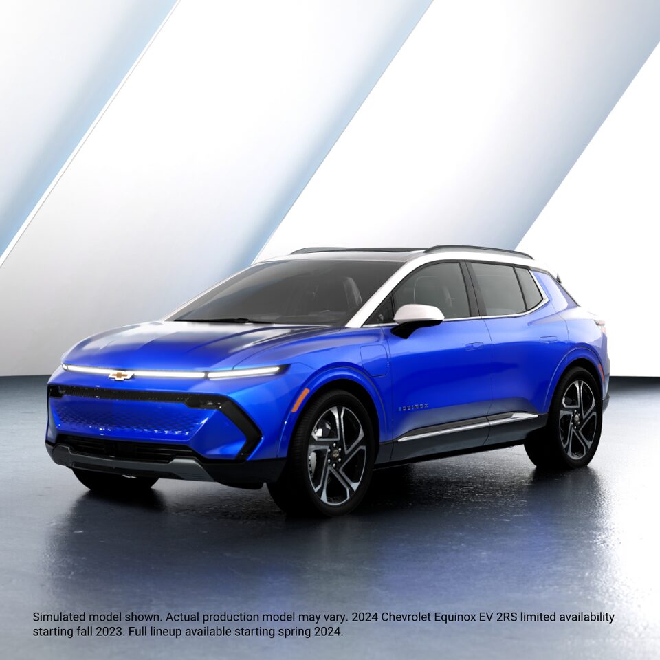 Animated blue Equinox EV with white roof model image indoor shot with diclaimer overlay on the image