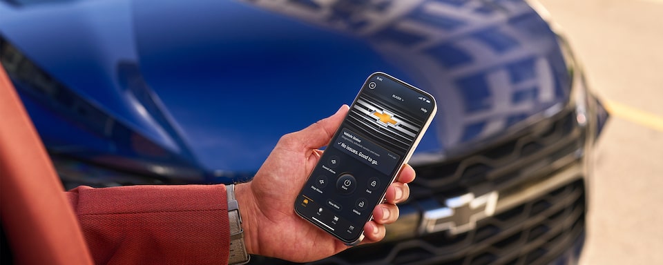 Un hombre sostiene un teléfono con el estado del vehículo en la pantalla