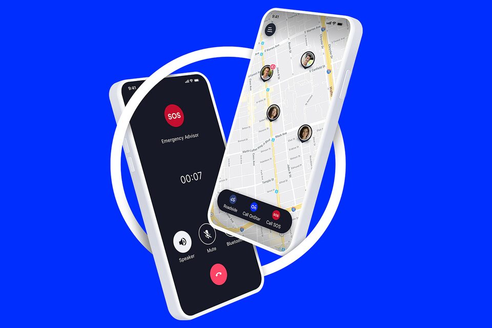 Two Phones Featuring OnStar Guardian App Services on a Blue Background
