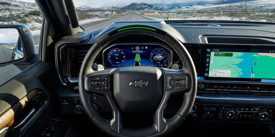 Close-up of a Chevy Steering Wheel and Dashboard Utilizing Super Cruise 