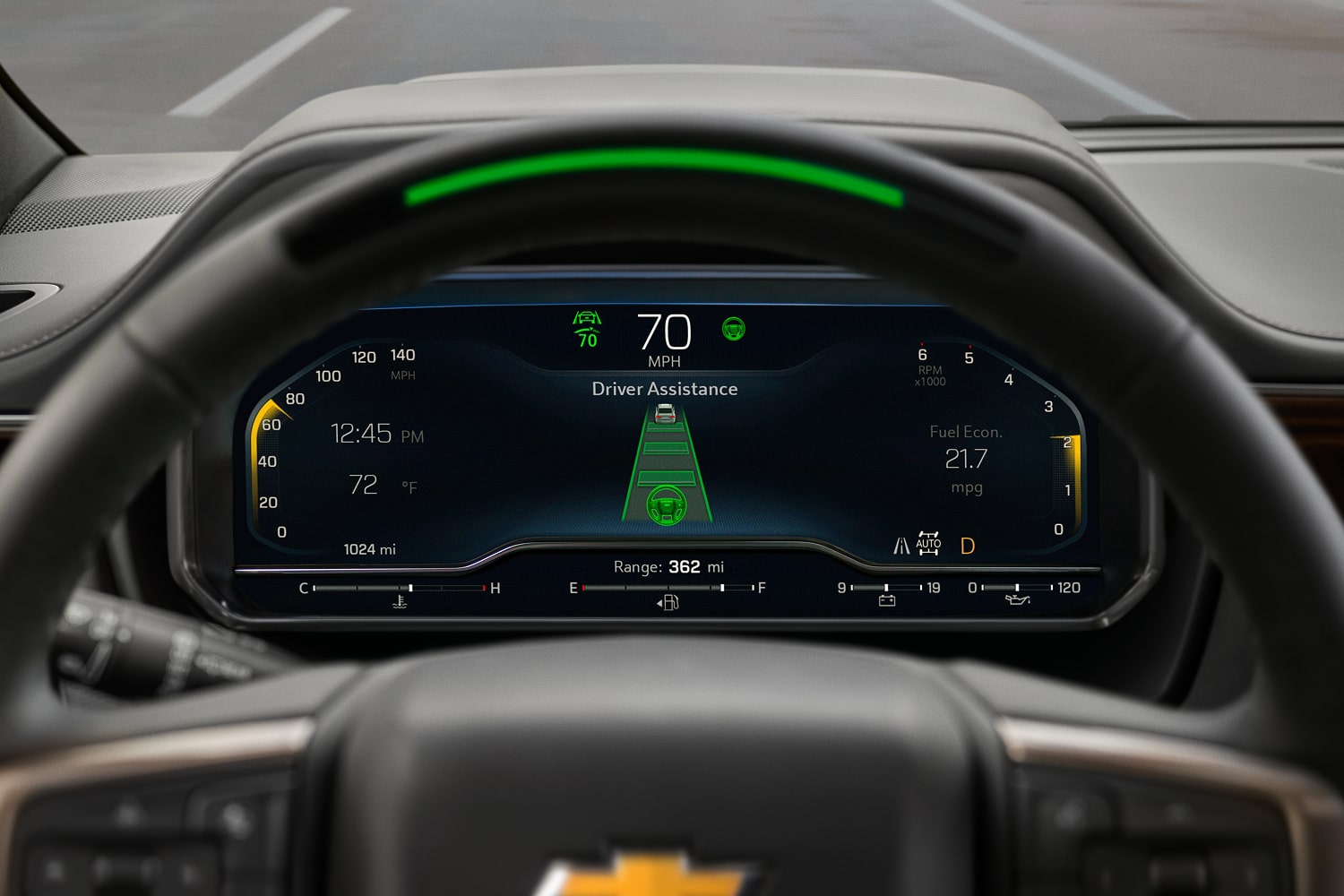 Close-up of the Lane Change Being Utlilized on a Chevy Driver's Driver Dashboard