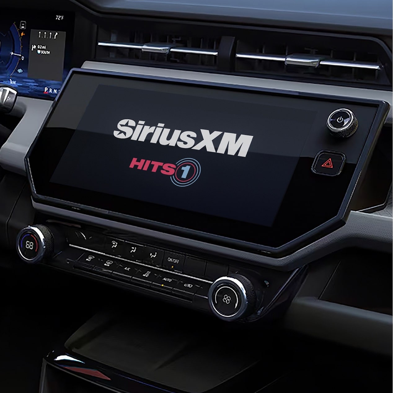 Dashboard of car showing SiriusXM with blue OnStar button.