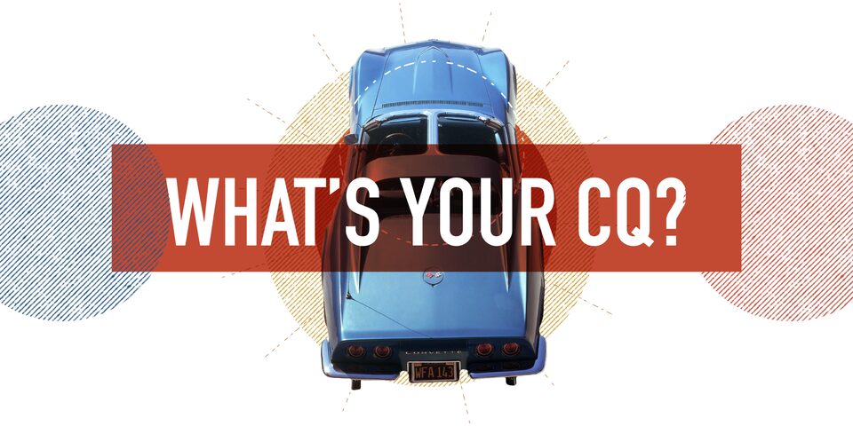 An illustration of a blue T-top Corvette seen from above, with the words "What's your CQ?" over the image.