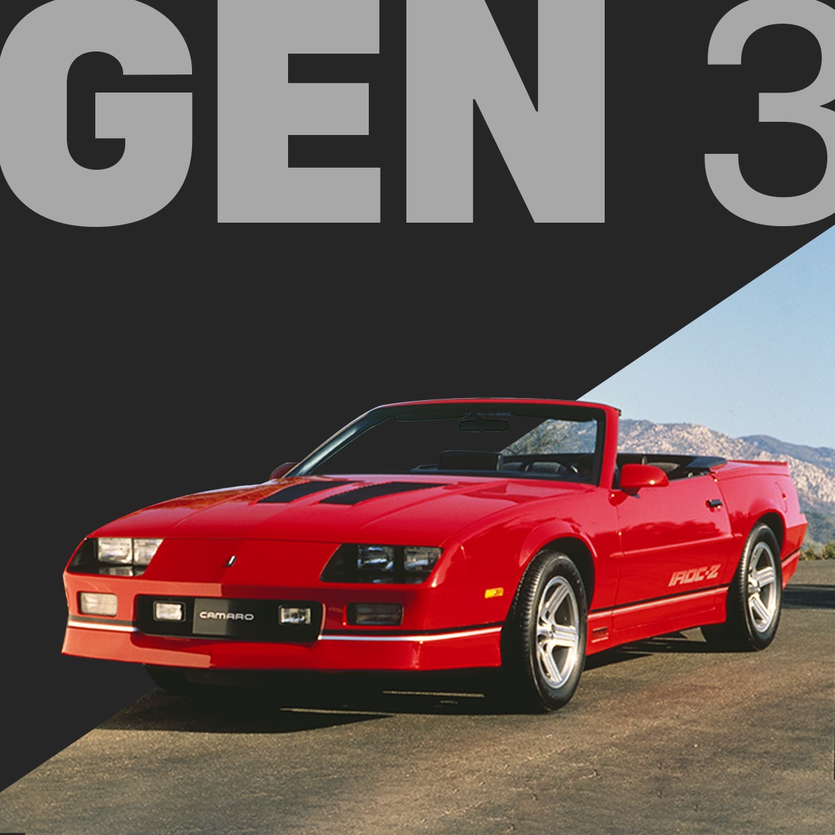 Bright Red Chevy Camaro Convertible Driving Down on a Sunlit Open Road with Distant Mountains