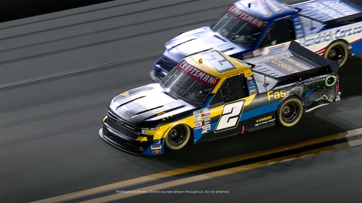 Video Thumbnail of Two NASCAR Race Trucks Side by Side on the Track