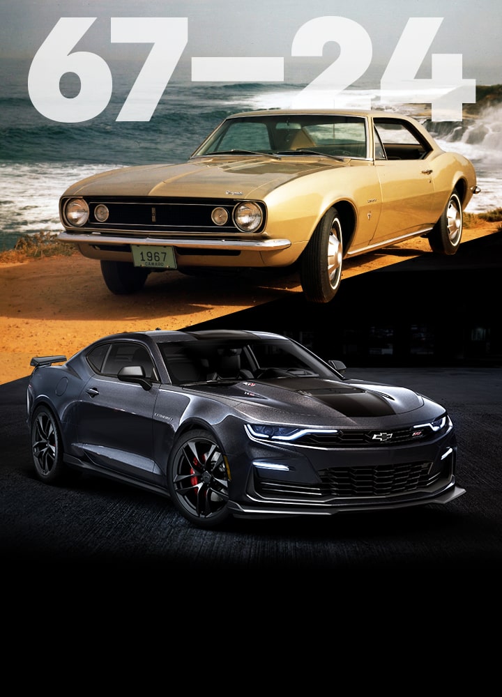 Split Image of a Classic Chevy Camaro on the Beach and a Modern Camaro in a Dark Garage