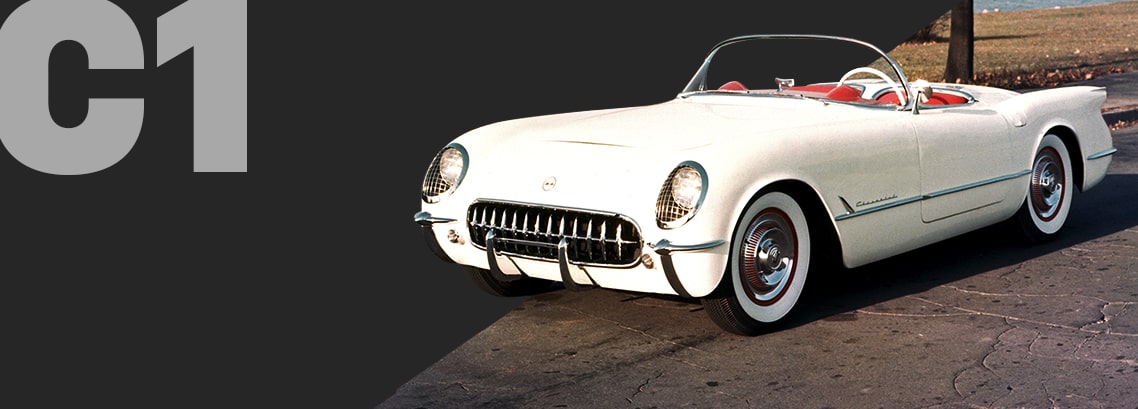 A White Classic Chevrolet Corvette Convertible Parked Outdoors with Large Gray Text That Reads C1 and Smaller Text That Reads Explore Generation One.