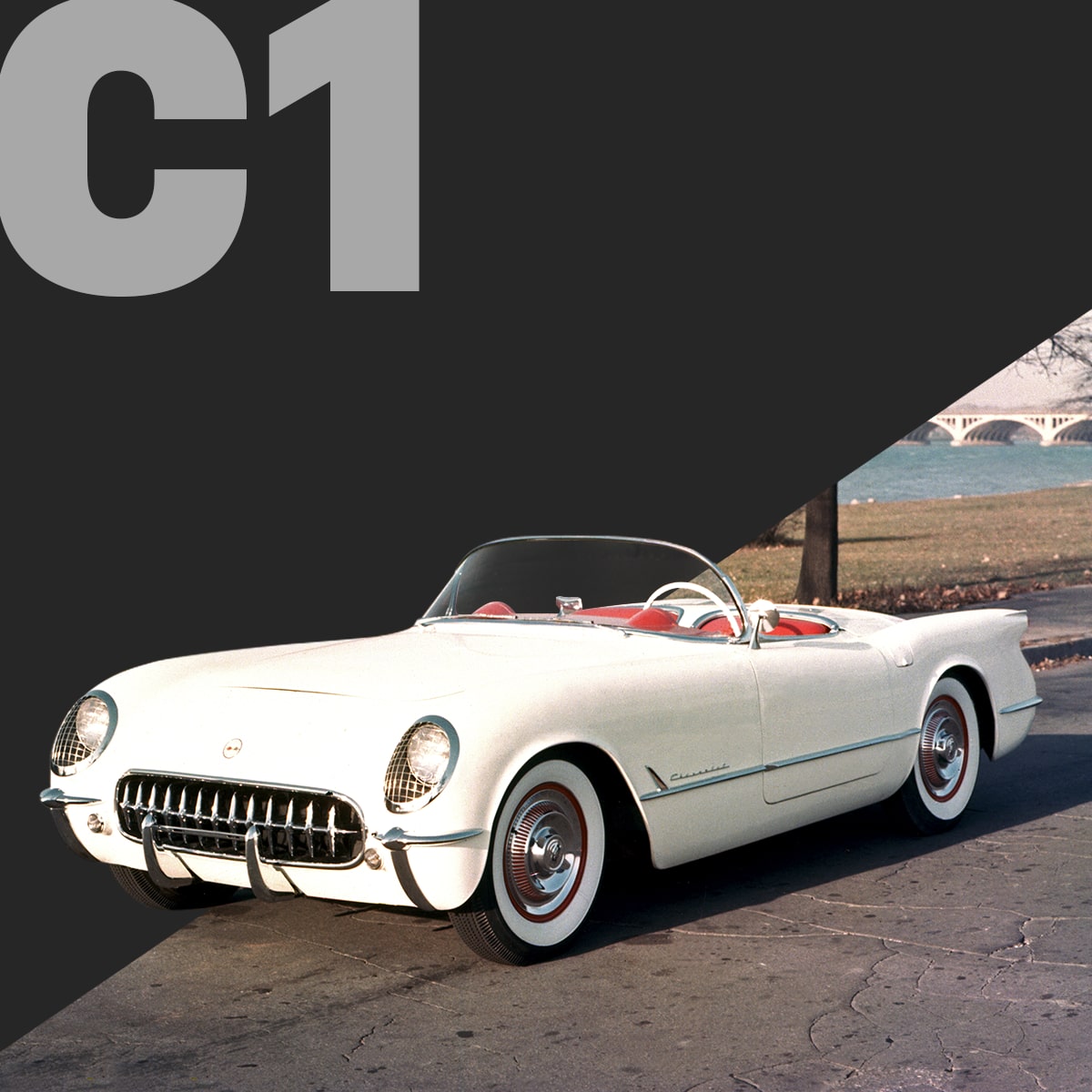 A White Classic Chevrolet Corvette Convertible Displayed Against a Dark Background with Large Gray Text That Reads C1.