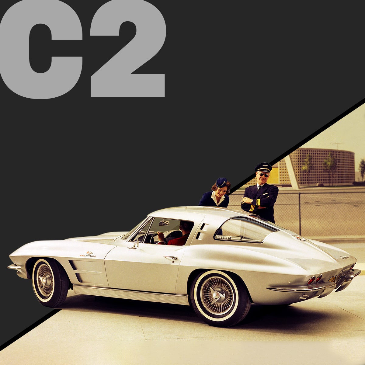 A White Classic Chevrolet Corvette Convertible Displayed Against a Dark Background with Large Gray Text That Reads C2.