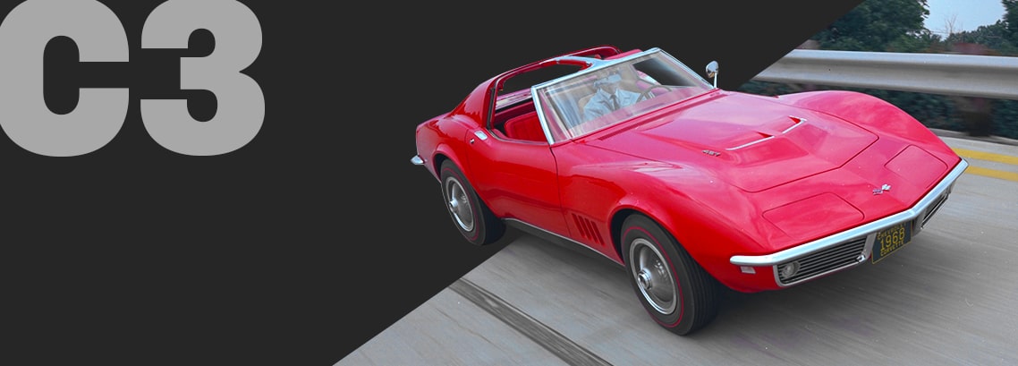A Red Classic Chevrolet Corvette Coupe Parked Outdoors with Large Gray Text That Reads C3 and Smaller Text That Reads Explore Generation Three.