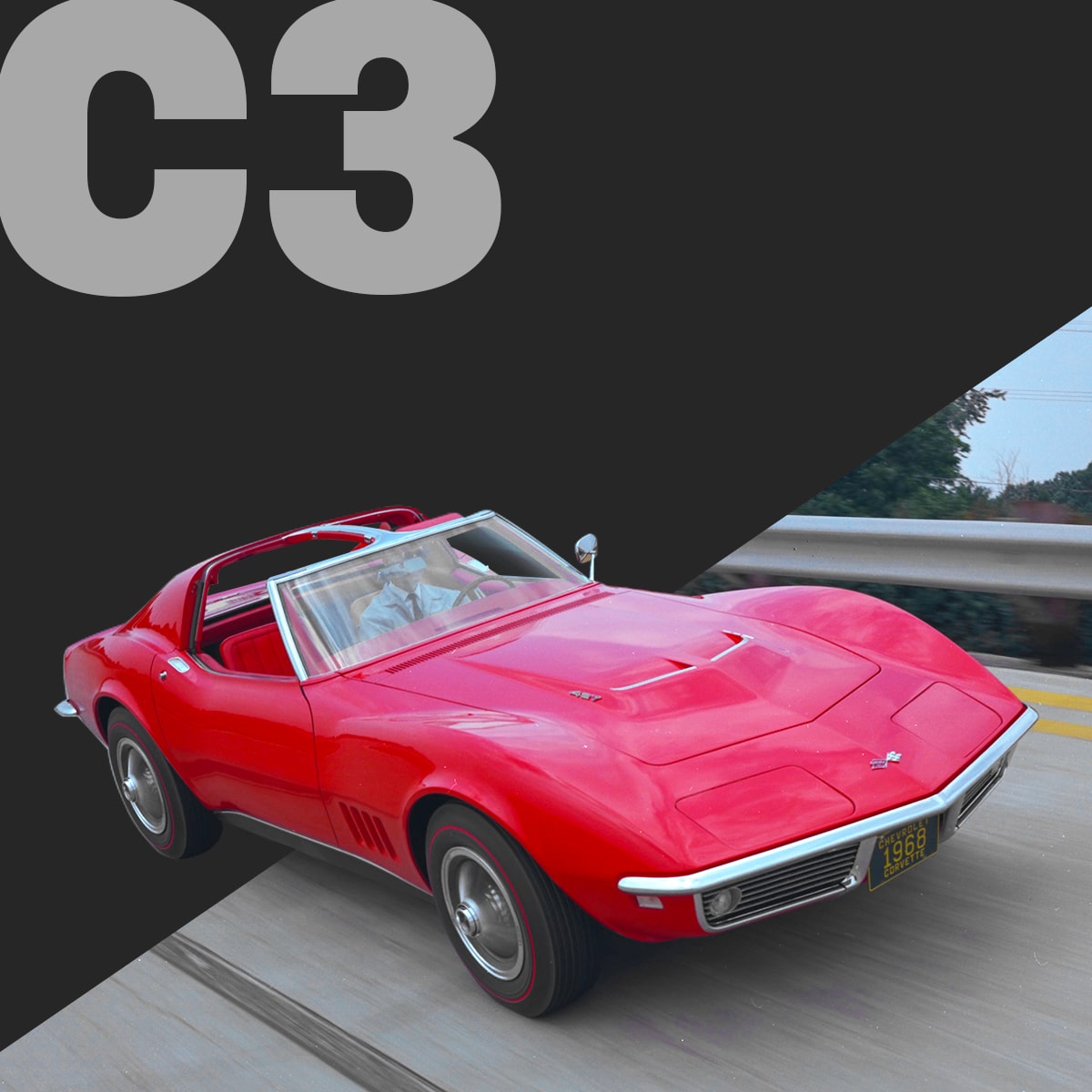 A Red Classic Chevrolet Corvette Coupe Displayed Against a Dark Background with Large Gray Text That Reads C3.